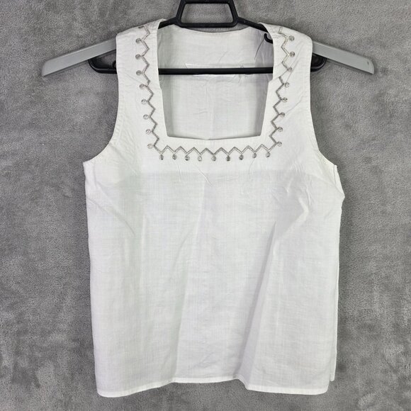 Womens Brett Harrison White Tank Top 100% Linen Embroidered Square Neck Size 10 - Picture 2 of 8